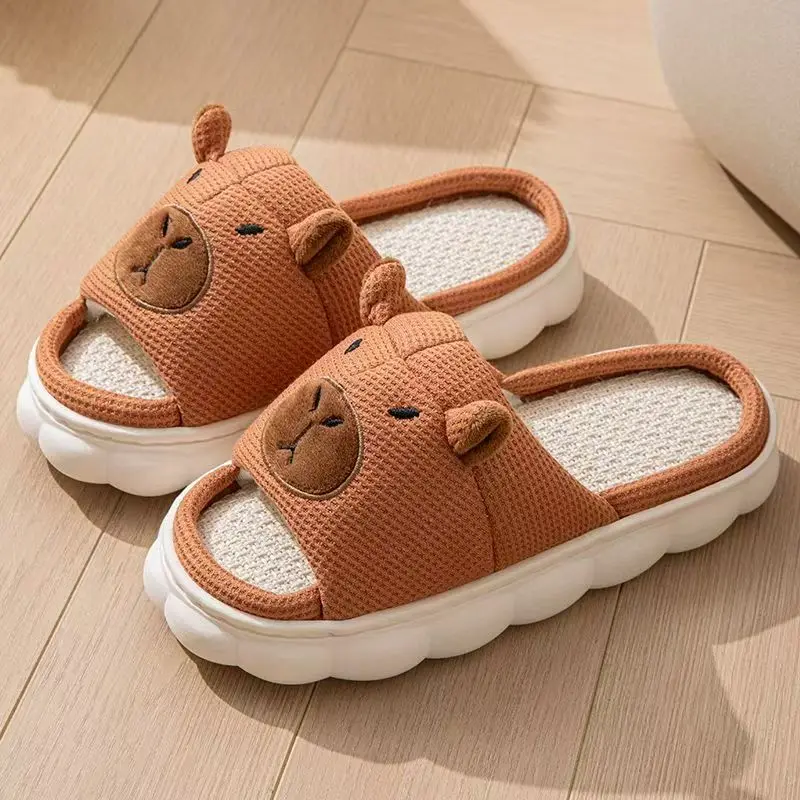

Men's Four Seasons New Cartoon Home Linen Slippers Lovers Thick Sole Non Slip Lightweight Breathable Open Toe Wood Floor Slipper