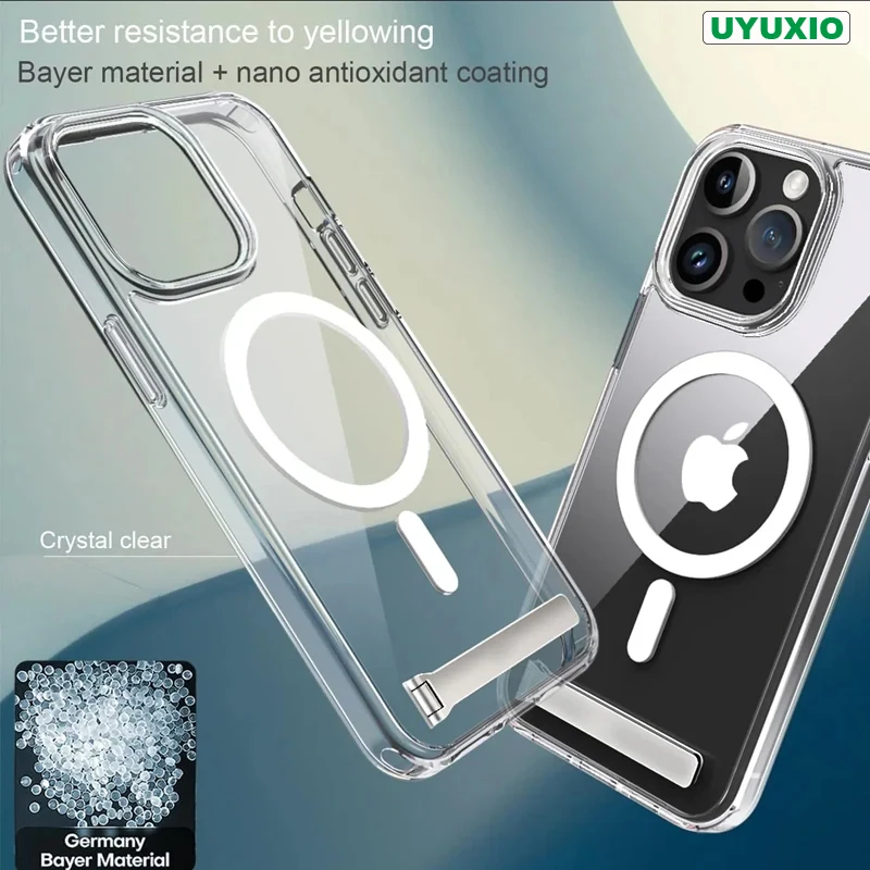 

Кристально чистый магнитный чехол UYUXIO с подставкой для iPhone 17 Pro Max Air 16, 15, 13, 14, Plus 12, 11, чехлы-подставки для мобильных устройств