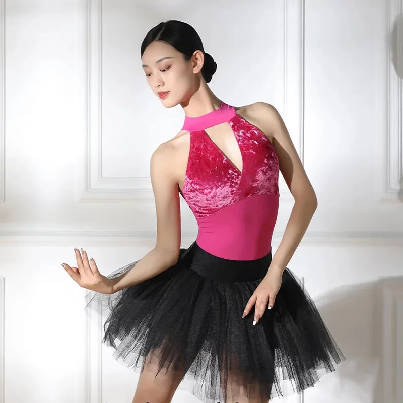 ผู้หญิง Hollow stand-up collar บัลเล่ต์ Leotard ยิมนาสติก Elegant กํามะหยี่บอดี้สูทหญิงเต้นรําโยคะ Jumpsuit ผู้ใหญ่ฟิตเนส Costum