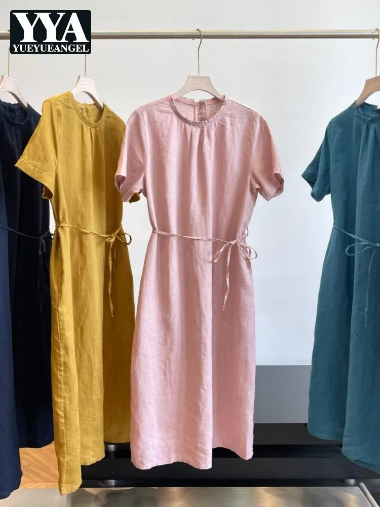 

Летнее модное женское льняное платье с круглым вырезом, коротким рукавом, свободного кроя, для отпуска, пляжный стиль, средней длины, хит продаж