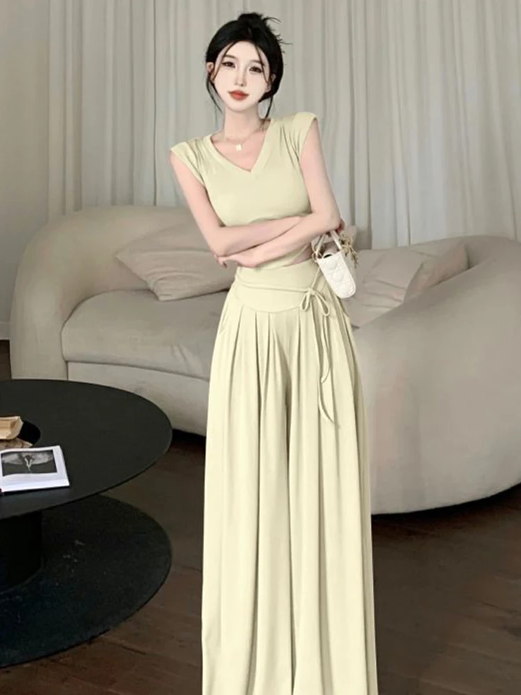 2024 Summer Fashion Suit Women\'s V-neck T Shirts Short Top High Waist Wide Leg Pants Casual Two-Piece Set