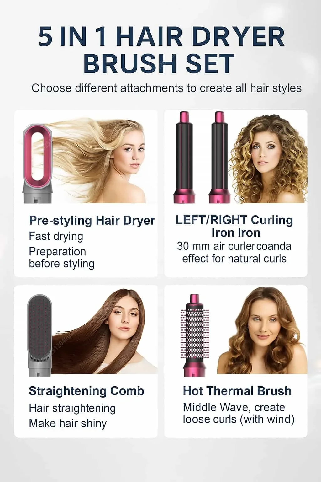 

Профессиональный фен 5 в 1, расческа с горячим воздухом, щипцы для завивки и выпрямитель для волос для салона, качественный фен для укладки волос