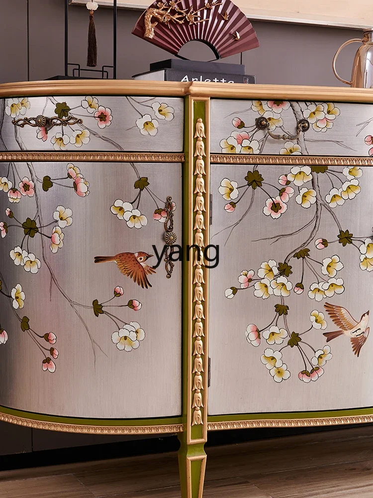 Ltt painted flower and bird silver home solid wood semicircular villa new Chinese entrance decorative cabinet