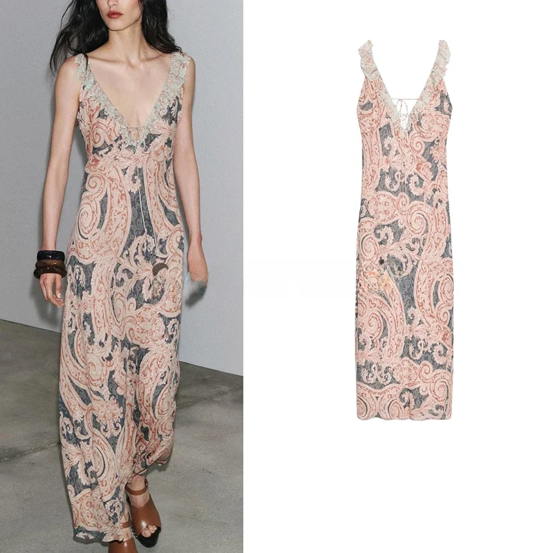 Vestido F de Verão com Decoração em Camadas, Decote em V, Sem Mangas, Estilo A-line, Estampa, Vestido E de Cint...