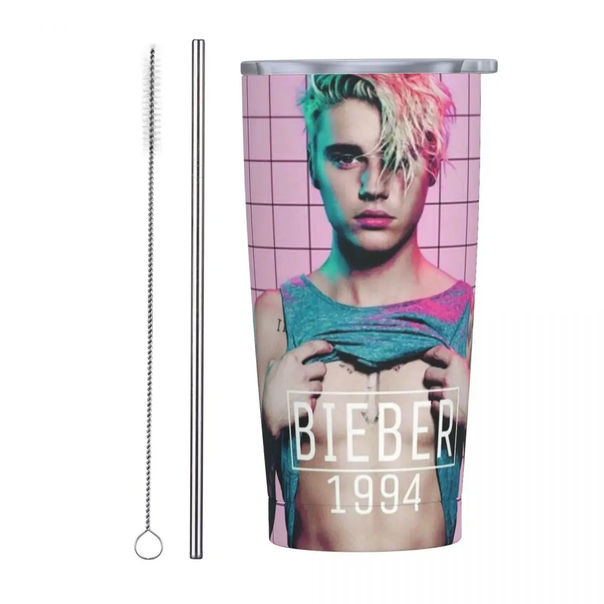 J-Justin Biebers Stainless Steel Tumbler Pink Singer Thermal Mug With Straws and Lid 20oz Mugs Cup Hot Drinks Water Bottle