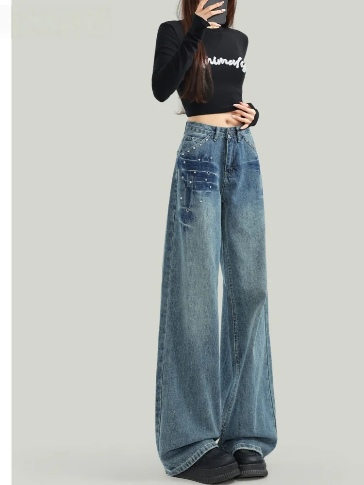 

Retro High Waist Wide Leg Denim Jeans Women's Spring Slim Fit Straight Leg Pants American Style Washed out Casual Jeans
