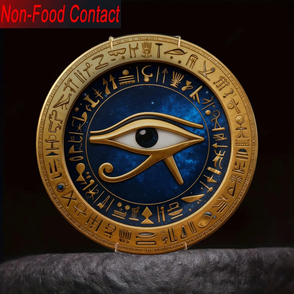 1pc Egyptian Horus Eye Ceramic Wall Sculpture - Ancient Egyptian-Themed Round Non- Decorative Plate with Golden & Deep Blue Eye