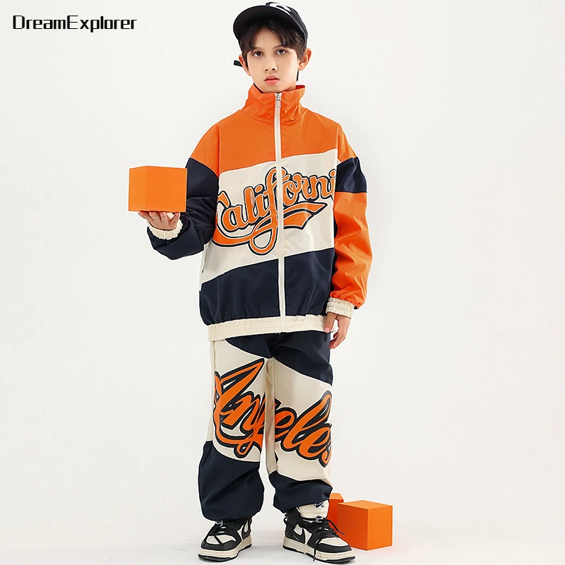 

Boys Hip Hop Contrast Coat Street Dance Loose Pants Girls Patchwork Jacket Joggers Kids Jazz Sport Clothes Sets Child Streetwear