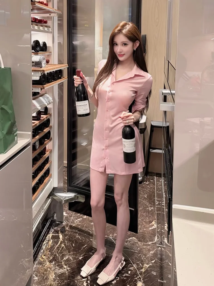 

Stazf7 Women's Sweet Pink Satin Collar Shirt Dress Slim Fit High Waist A-Line Summer Dress City Commute Date Party