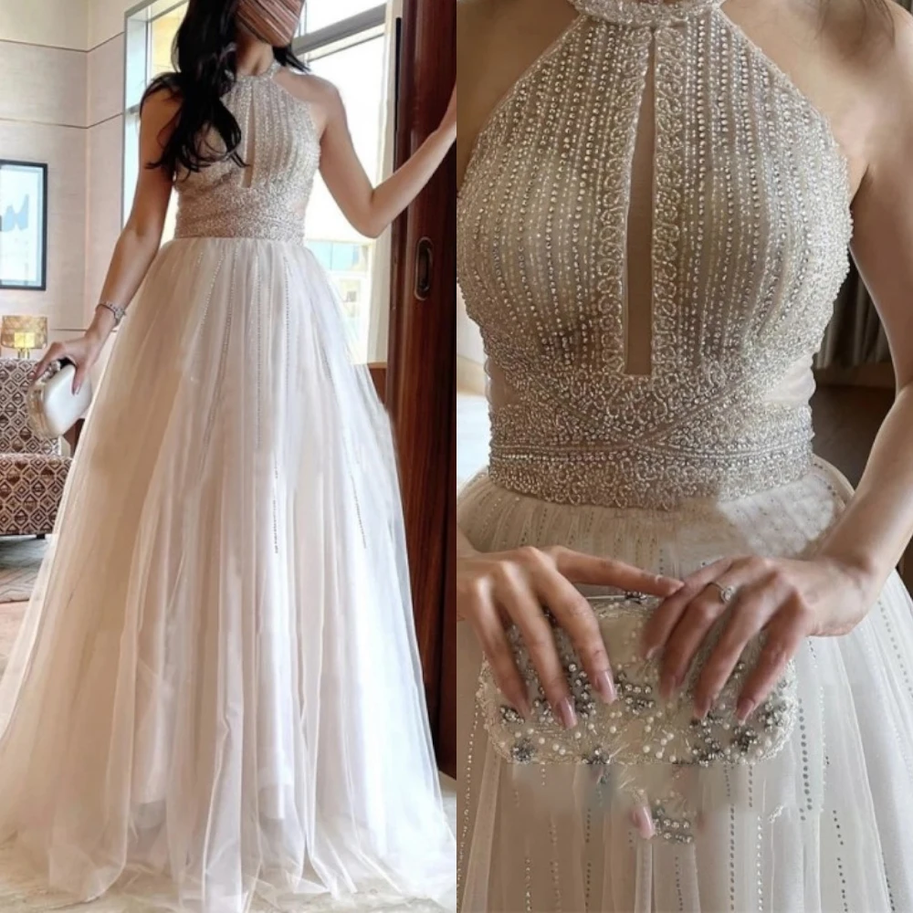 

Customized Luxury Tulle Halter Evening Dress Exquisite Beading Prom Dresses Temperament Sweep Train Special Occasion Gowns