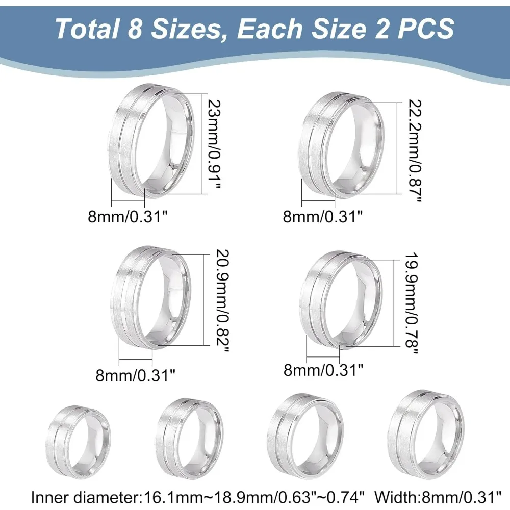 16pcs Stainless Steel Grooved Finger Ring 8 Sizes Laser Inscription Blank Core Ring Hypoallergenic Metal Ring for Inlay