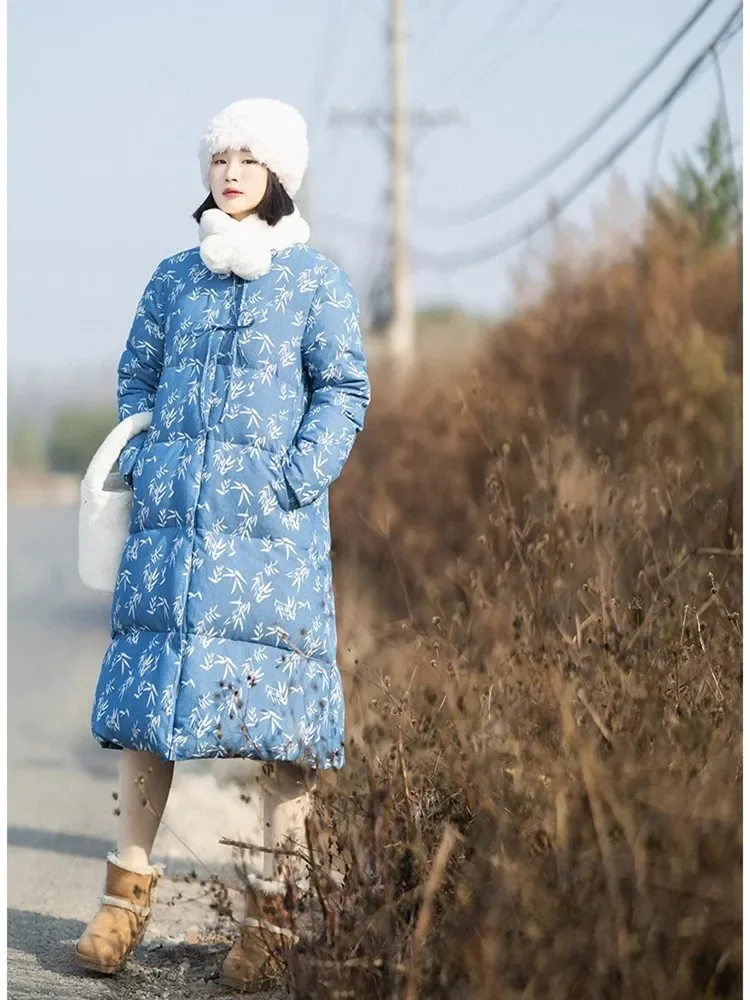 Aigyptos Winter Baumwolle Denim Daunen jacken Frauen elegante Stehkragen Blumen druck dicke warme lange weiße Enten Daunen jacken Mäntel