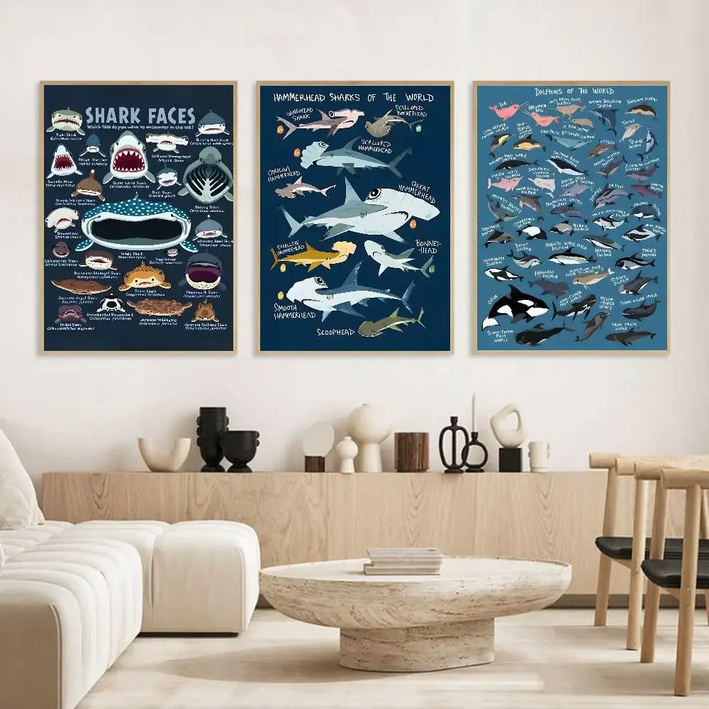 Frameless Whale and Shark Seashells Turtles Octopus Fish Marine Life Ocean Animals Poster HD art sticky wall waterproof home liv