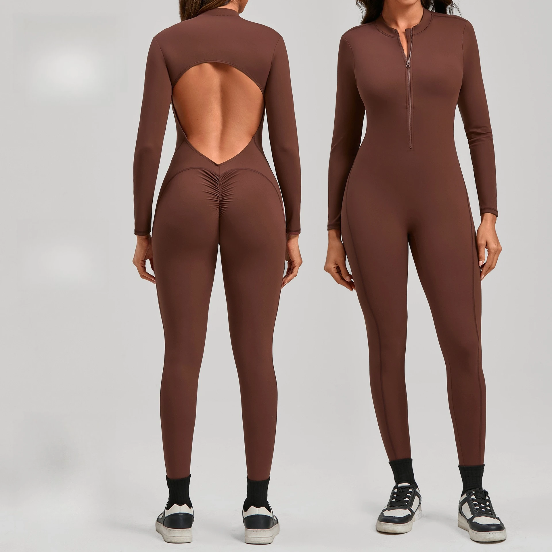 

Zipper Bodysuits Set Women's Long Sleeved Yoga Jumpsuit Sports Overalls Outdoor Running High Stretch Push Up Fitness Bodysuit