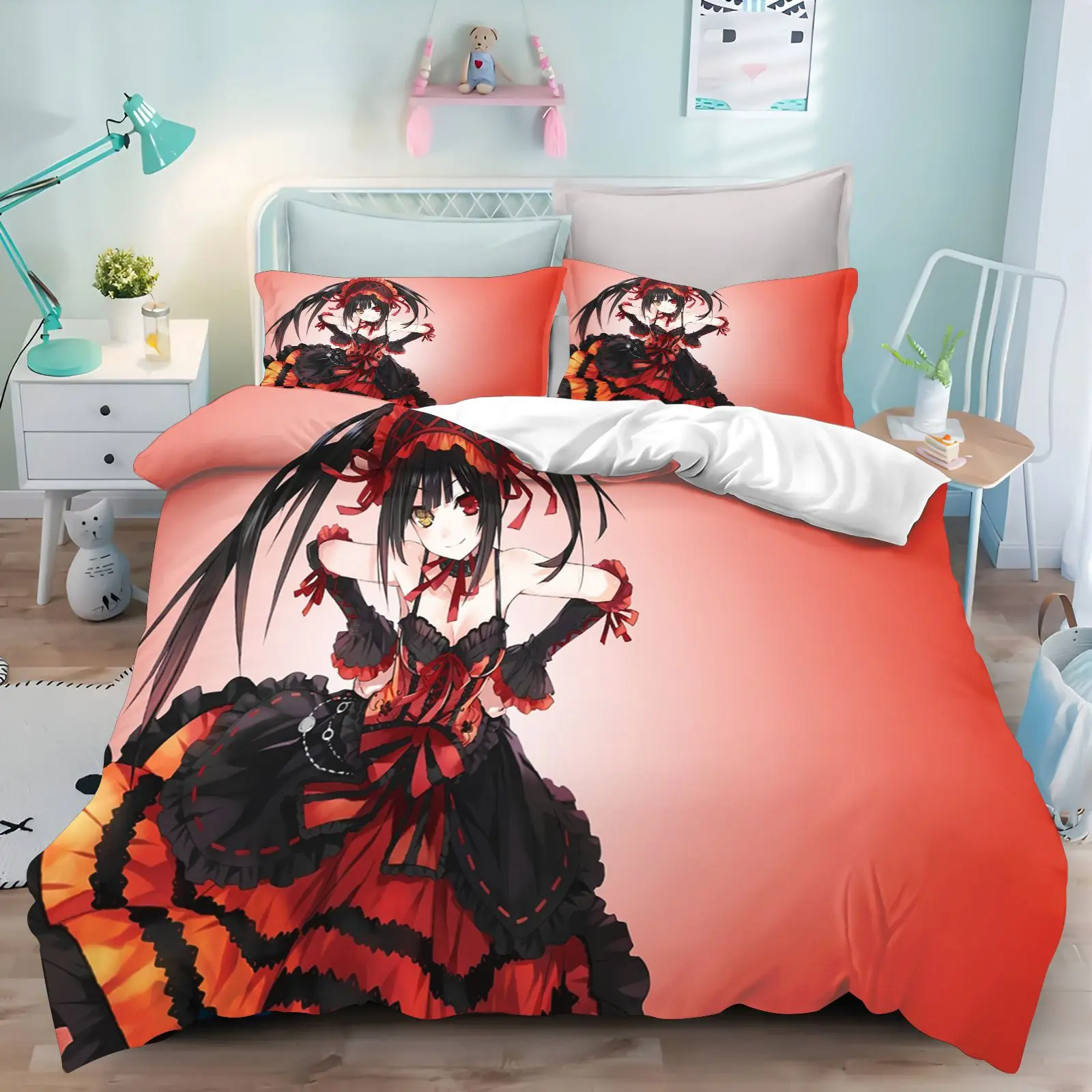 Tokisaki Kurumi Date A Live Anime Duvet Cover Set 3D Gothic Lolita Print Bedding 3 Piece Set With Pillow Shams For Otaku Teens