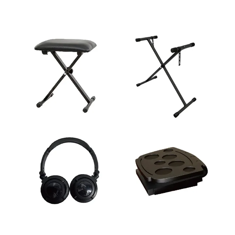 

Musical instrument accessory set includes chair, bracket, earphone, pedal, sound sustaining device.