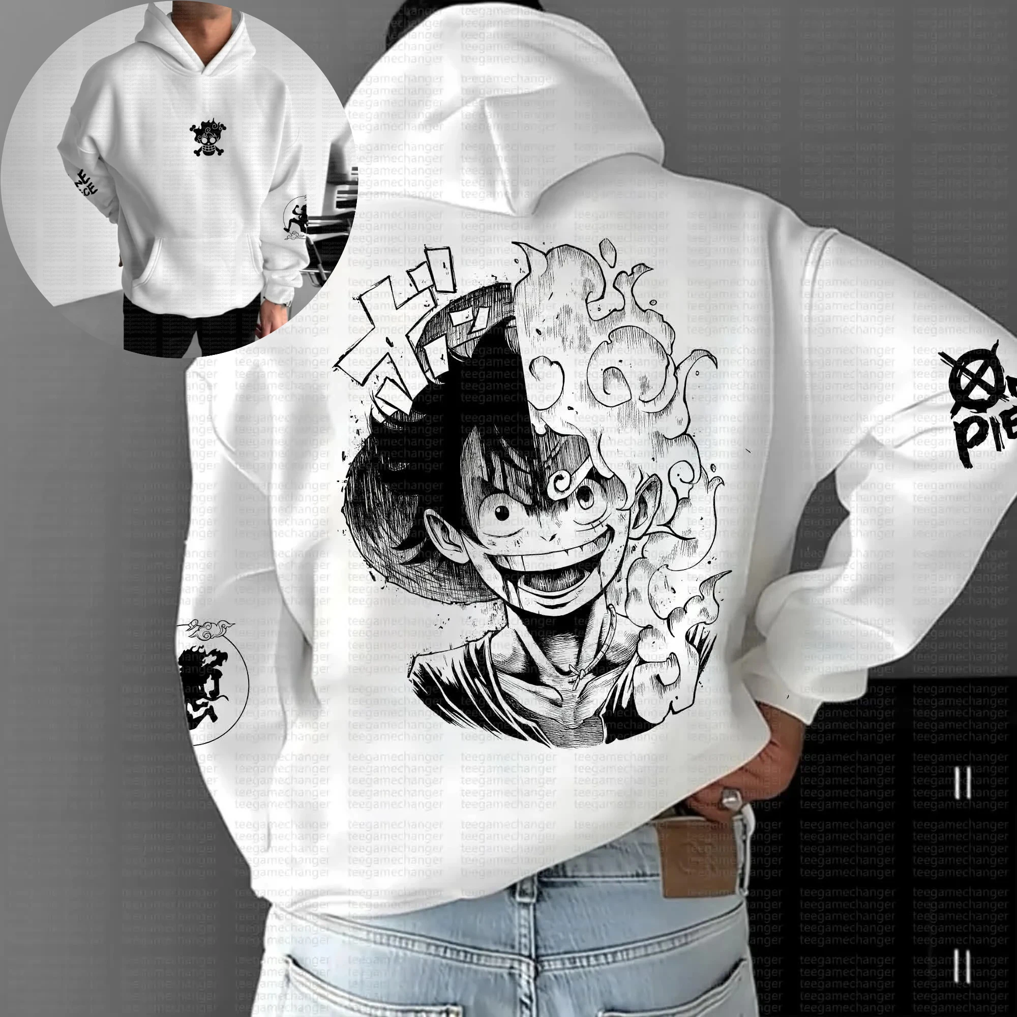

One Piece Luffy Gear 5 Nika Back Print White Hoodie Men Cotton Casual Long Sleeve Autumn Winter Streetwear Fashion Anime Cosplay