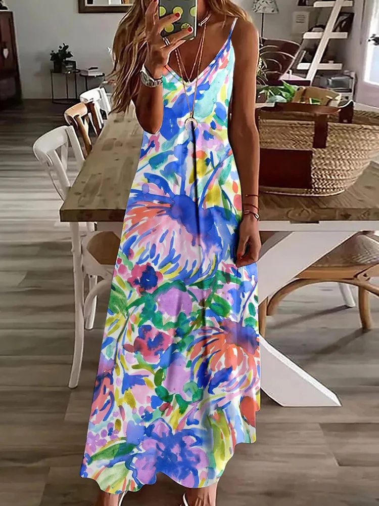 

3D Oil Painting Print Women's Long Dress Summer Daily Casual Women's Halter Dress Urban Street Fashion Women's Sleeveless Dress