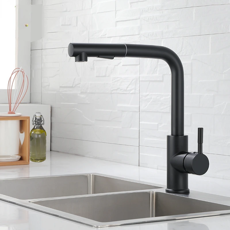 

Matte Black Kitchen Faucet Cold and Hot Kitchen Mixer Pull Out Two Function Deck Mounted Tap With Free Hose