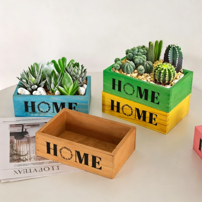 Vintage Wooden Succulent Planter Box, Rectangular Rustic Storage Organizer for Indoor Plants, Home, Garden, Balcony