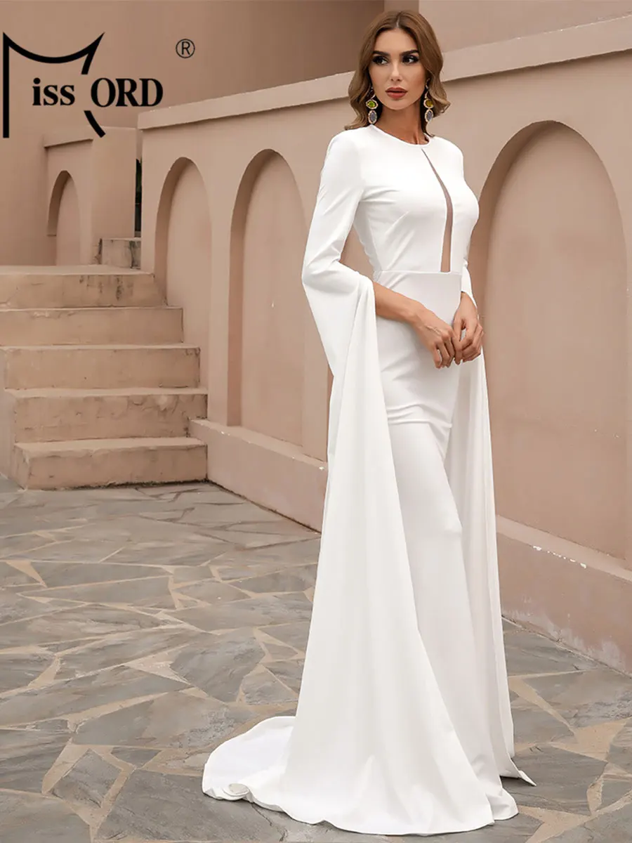 Missord Witte Moslim Avondjurk Vrouwen Elegante Split Lange Mouw O-hals Uitgesneden Bodycon Maxi Zeemeermin Feestjurken Prom Jurk