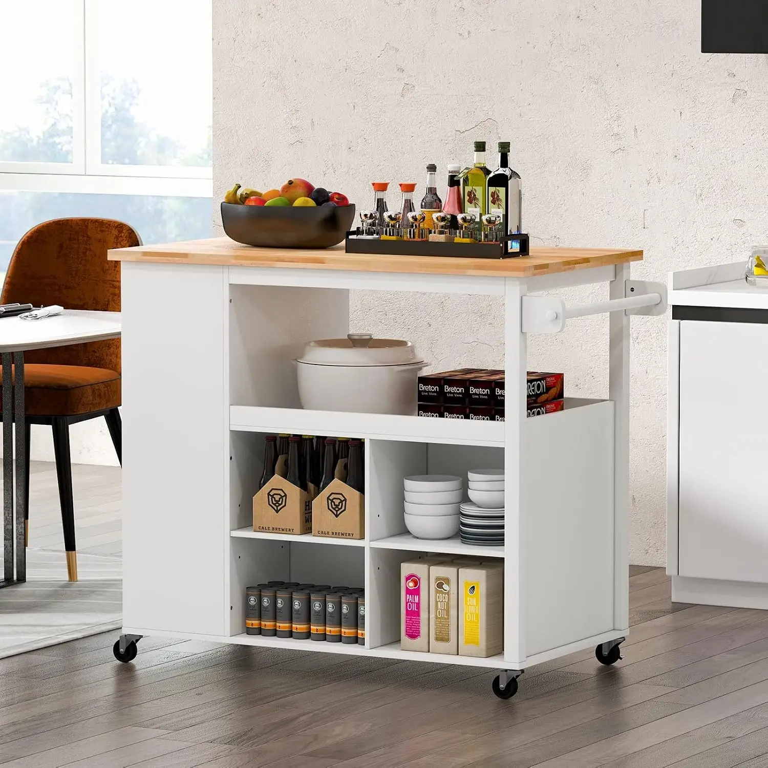 Kitchen Island Cart w/Wood Countertop, Towel Rack, Drawer & Open Storage, Rolling Kitchen Table for Dining, Customized