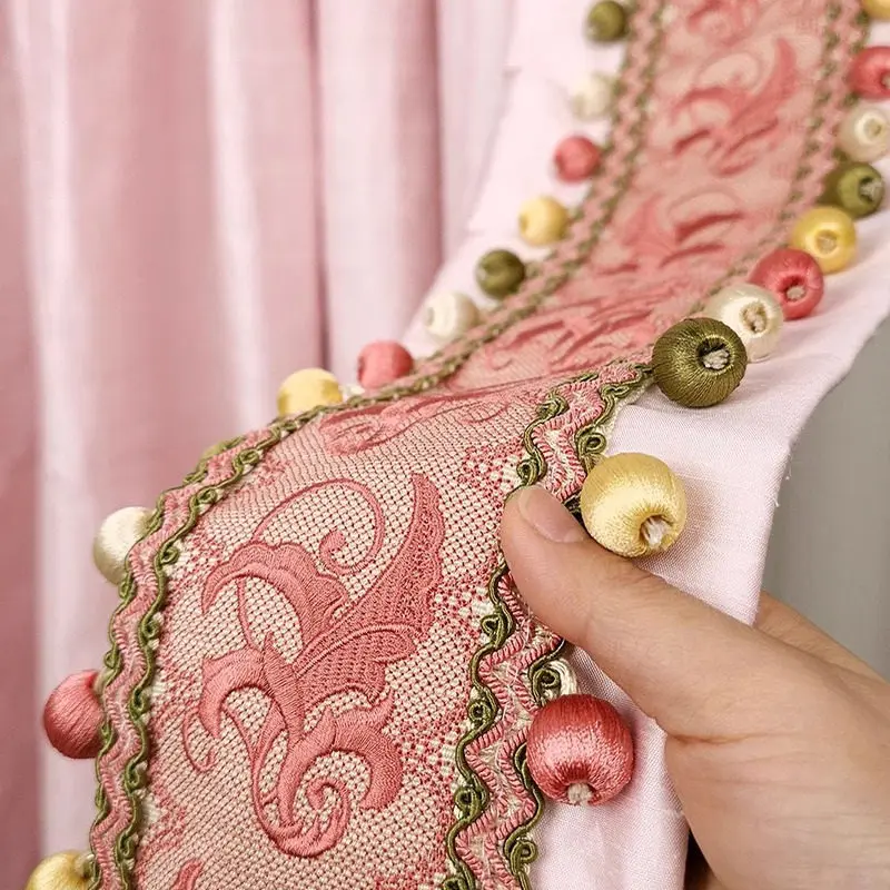 French Pink Velvet Lace Embroidery Lace Splicing Curtains for Living Room Bedroom French Window Villa Customized Finished