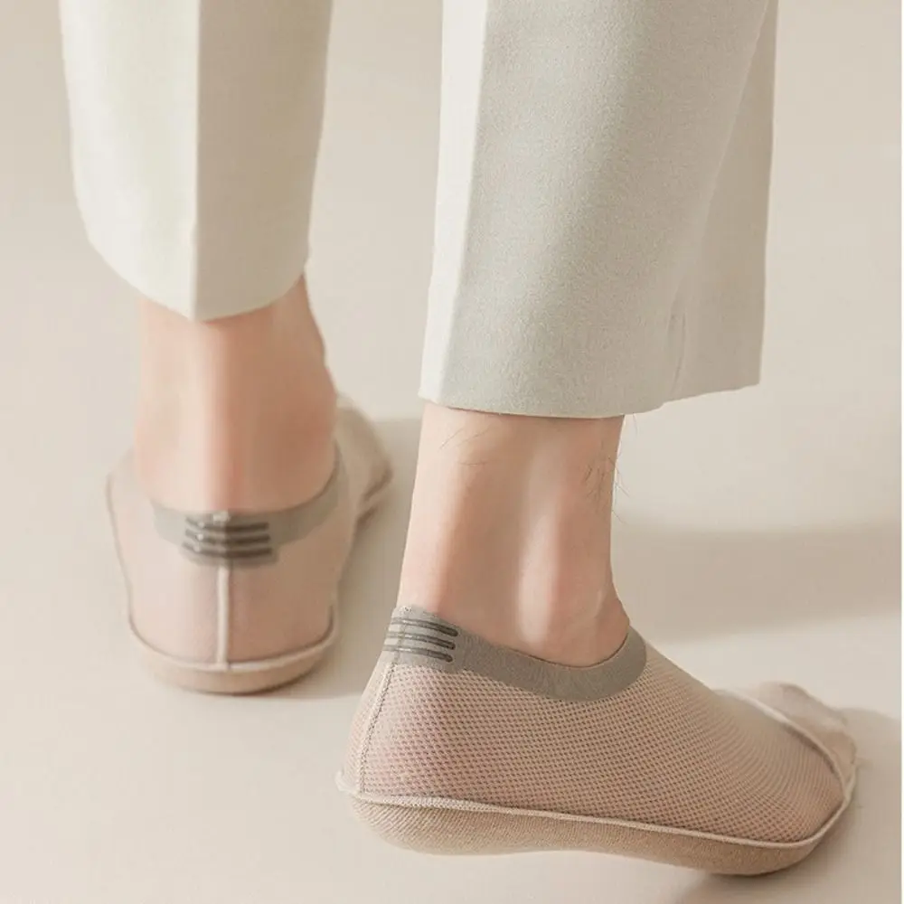2pairs Thin Hollow Out Mesh Ice Silk Sock Low Cut Ankle Non-slip Boat Socks Cotton Breathable Invisible Socks Men