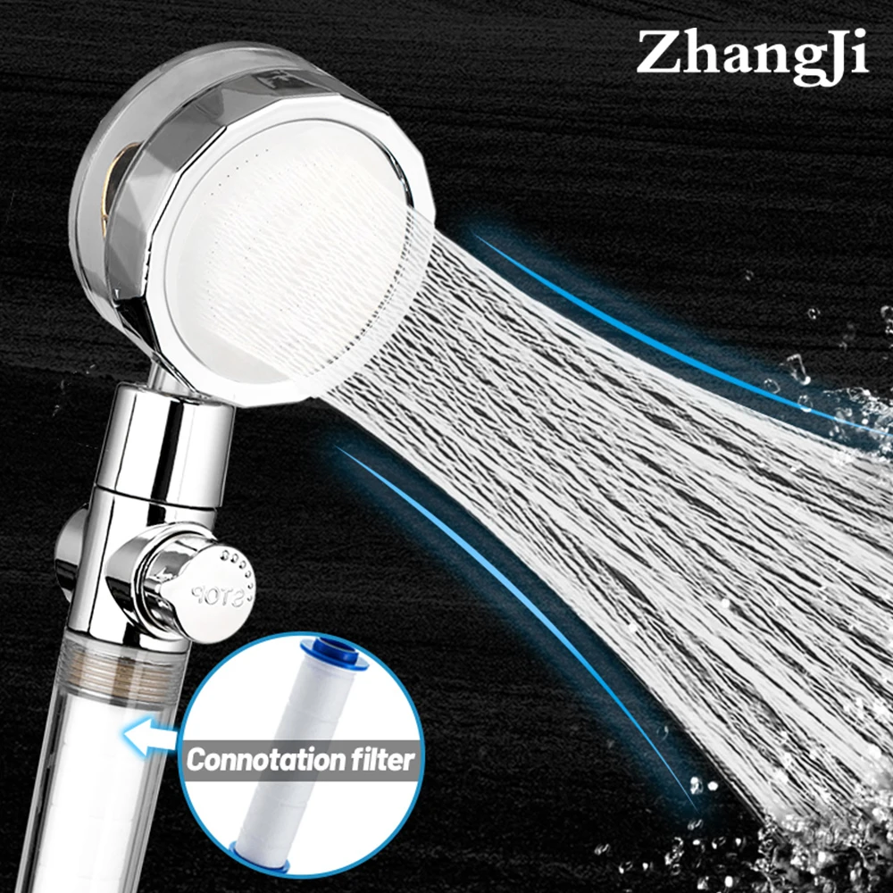 ZhangJi New Propeller Driven Shower Head with Stop Button and Cotton Filter Turbocharged High Pressure Handheld Shower Nozzle