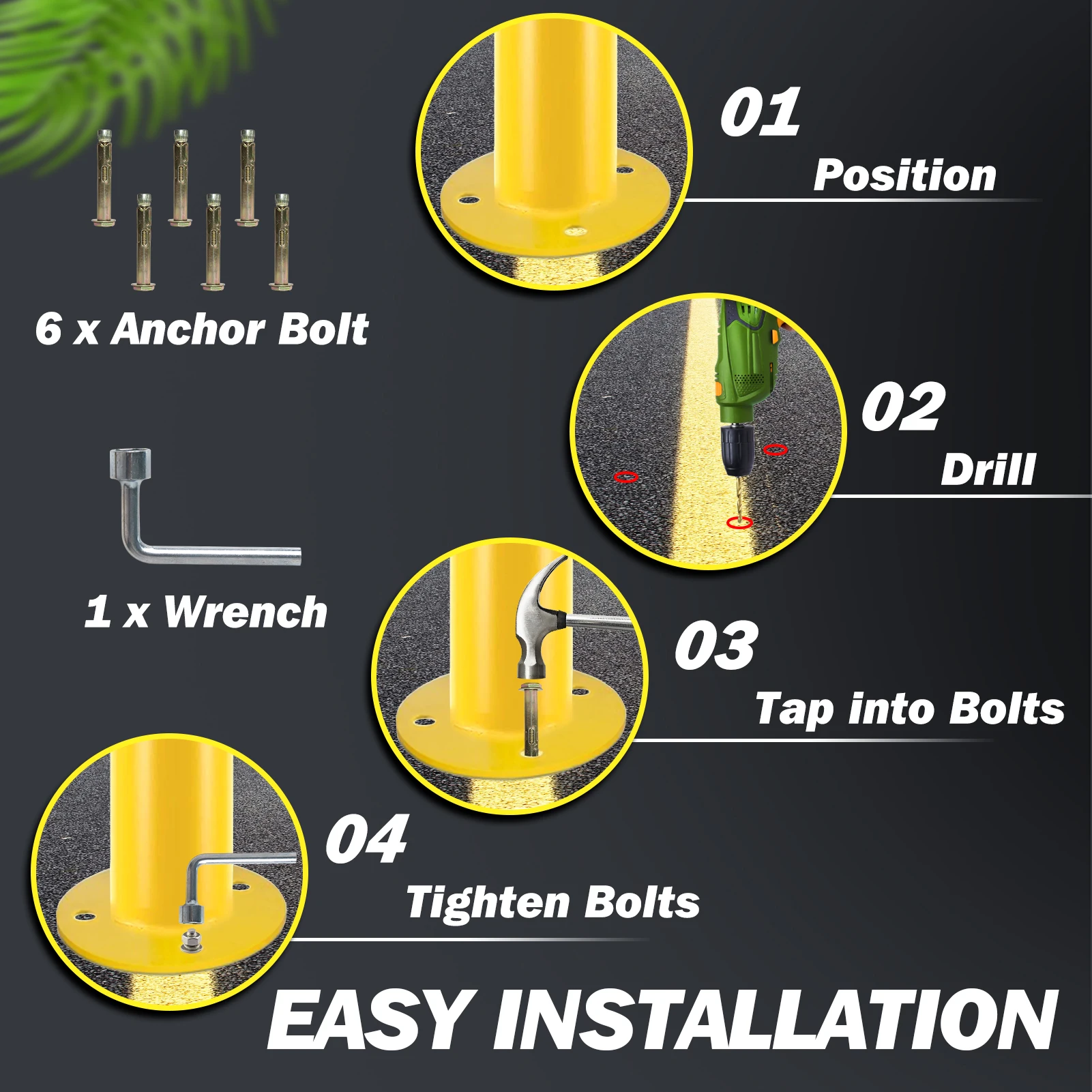 Safety Bollard Post, 36 Inch Height Steel Bollards, 3.5 Inch Diameter Parking Bollard, Yellow Powder Coated Safety Parking Barri