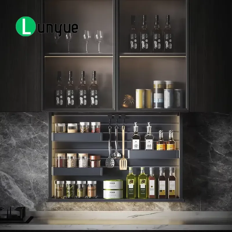 Wall Mounted Kitchen Cabinet Storage Rack Drop Down Seasoning Organizer with Appliance Hooks Multi Layer Hidden Shelf