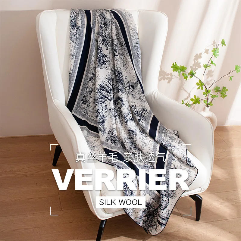 French vintage hand-rolled double-sided silk wool scarf, light luxury, high-end large square scarf, indoor shawl