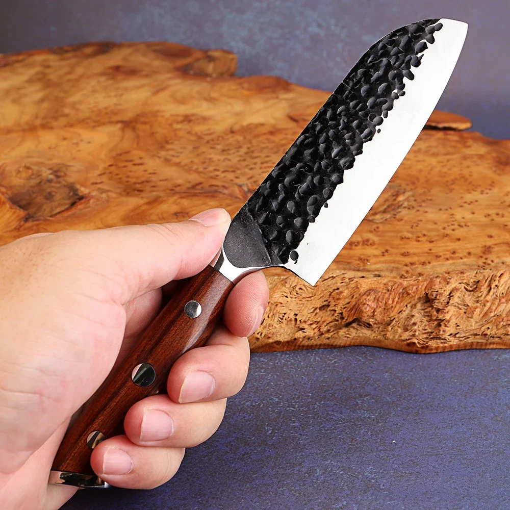 

5 Inch Santoku Knife,Handmade Forged Japanese Kitchen Small Knife 5Cr15Mov Stainless Steel,Sharp Cooking Knife Pakkawood Handle