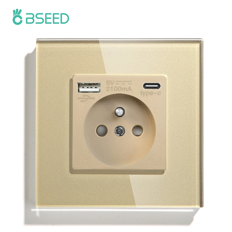 Bseed France Standaard Stopcontact Usb Type-C Oplaadpoort Glaspaneel 20W Snel Opladen Franse Socket 110-250V