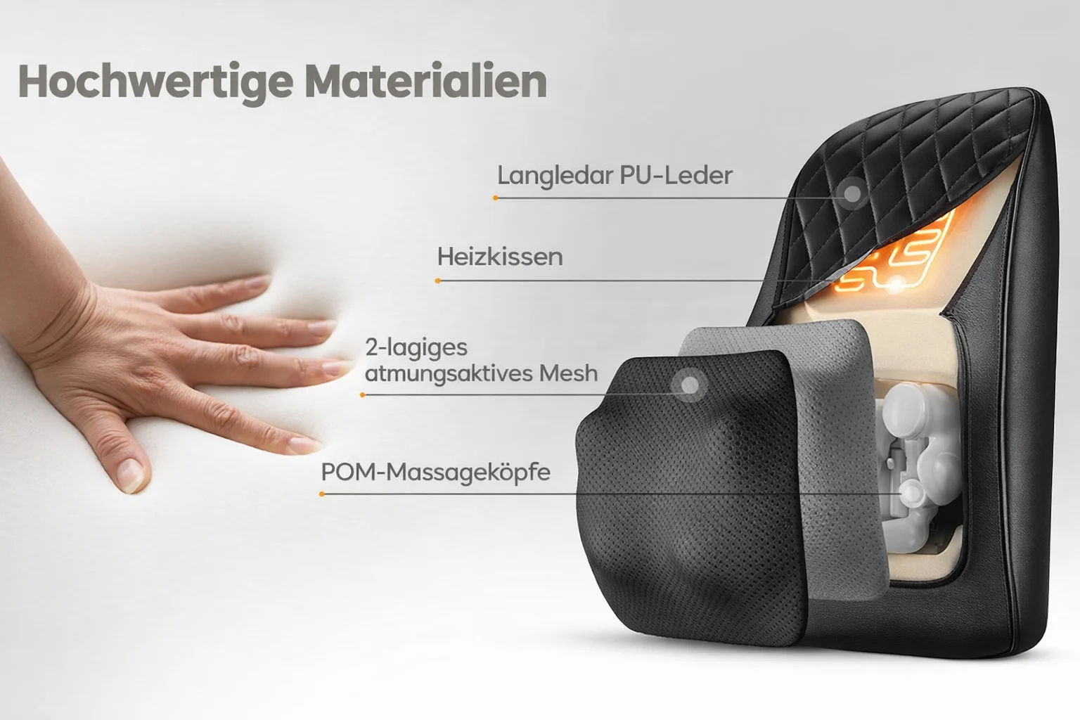 Elektrisches Massage-Nackenkissen, Shiatsu-Kopf, 3-Gang-Einstellung, Körper, Rücken, Taille, Massagegerät, Auto mit Heizung, vibrierende Massage, Entspannung – Detail 8