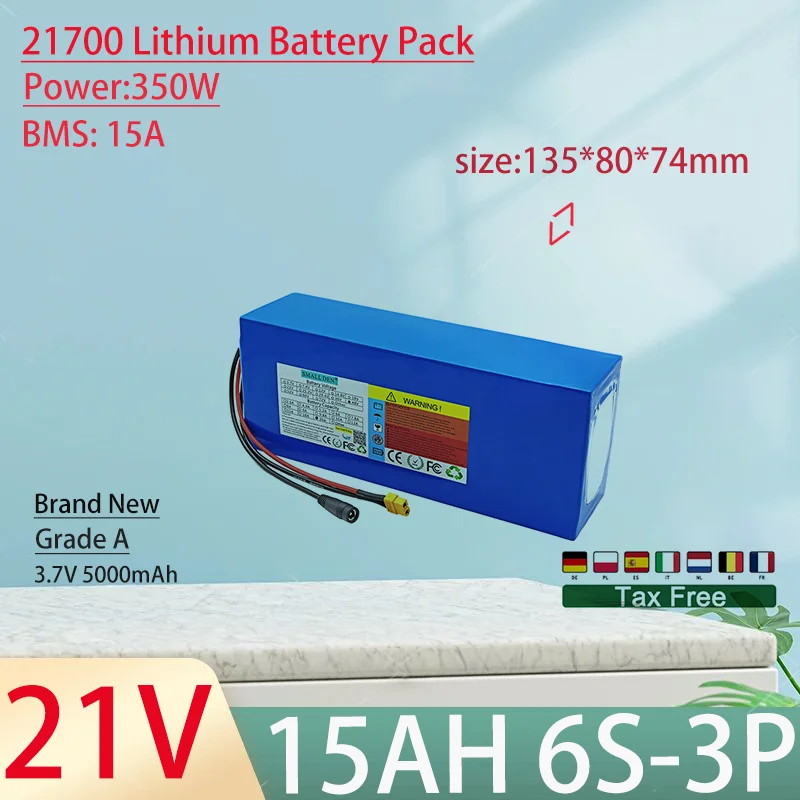 

21V 15Ah 21700 6S3P Lithium Ion Battery Pack 350W Power Tool Batteries Outdoor Backup Batteries With 15A BMS+25.2V 2A charger