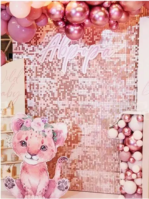 12pcs Pink Sequin Backdrop Panels for Wedding Party Baby Shower Background Wall Decor 3d Golden Shimmer Laser Backdrop Curtain