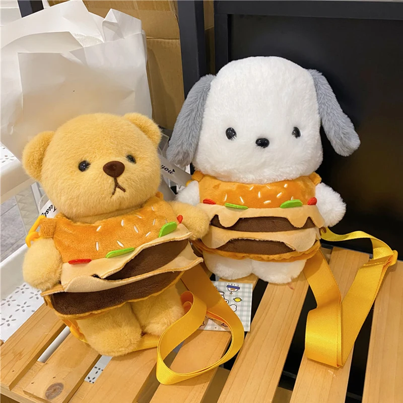 Cute Hamburger Puppy Shoulder Bag Plush Doll Crossbody Bag Casual Women Messenger Bag Decoration Bag Phone Coin Purse For Gifts