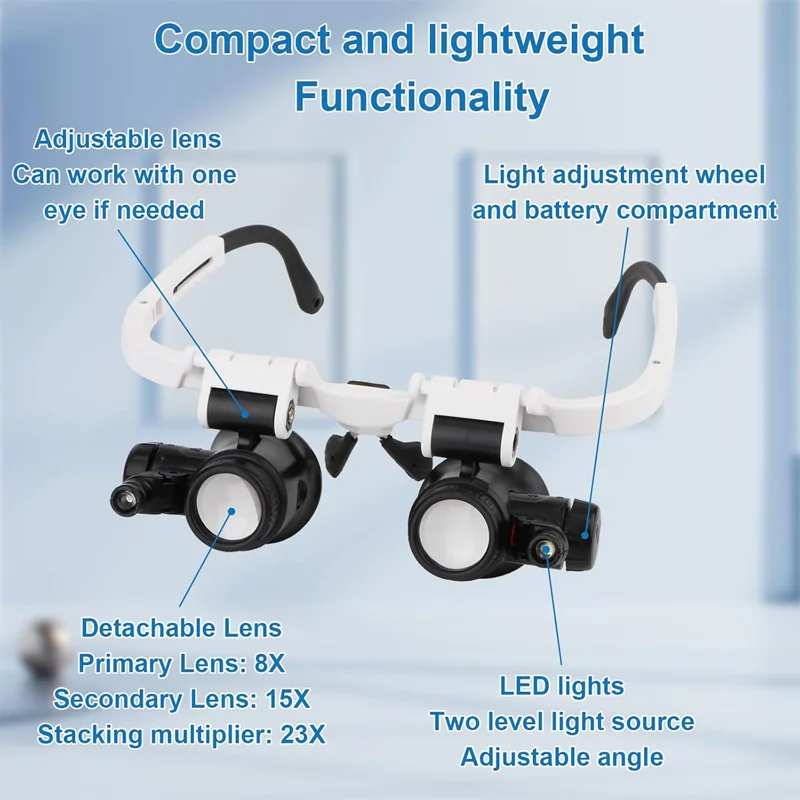 23X 15X 8X Watch Jeweler Repair Magnifier 2 LED Head-Mounted Headband Watchmaker Adjustable Magnifying Light Eye Glasses Loupe