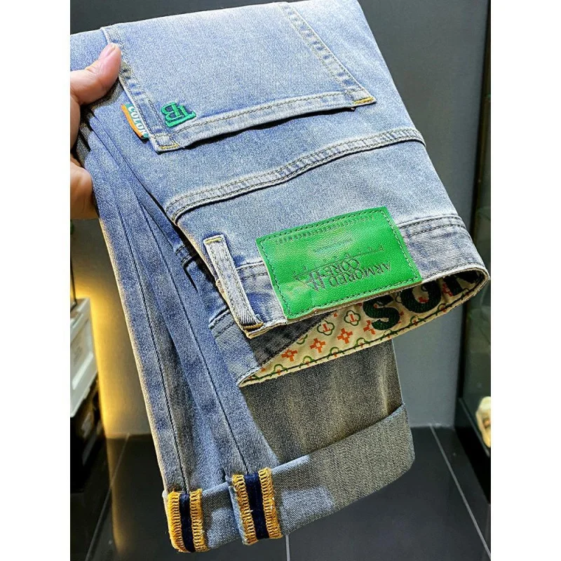 2024 new men jeans fashion high-end casual straight tube slim fit elastic versatile retro distressed washed printed denim pants
