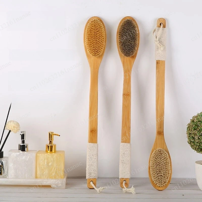 Dual-Purpose Exfoliating Bath Brush Soft Horsehair Body Scrubber Long Curved Handle Back Cleansing Brush with Hanging Strap