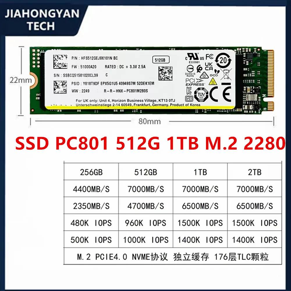 Original For SK hynix PC801 512G 1TB 2280 PCIE4.0 M.2 Solid State Drive NVME Independent Cache