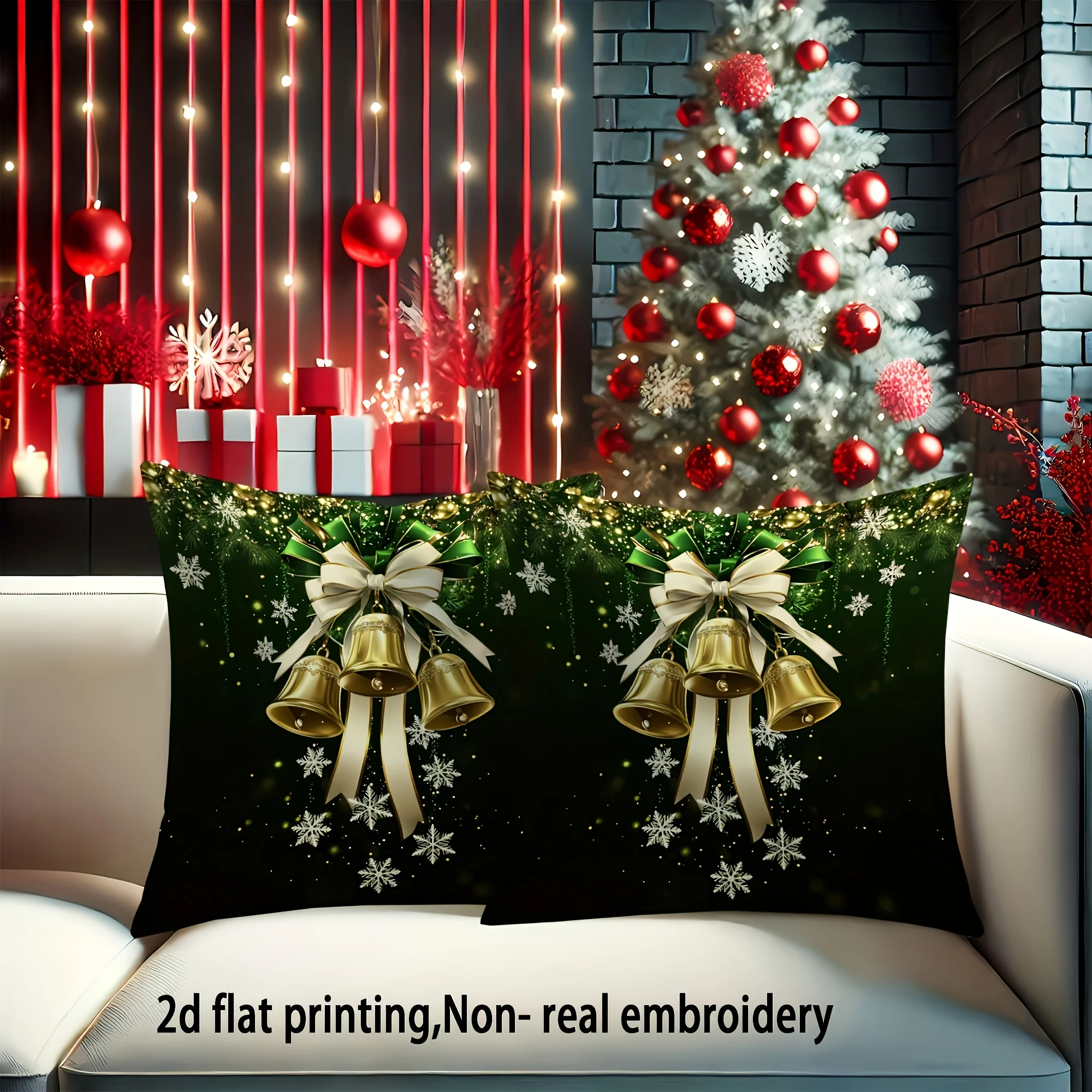 Set of 2 Christmas Decorative Pillow Covers Featuring a 2D Double-Sided Printed Design with Green Ribbon Bows