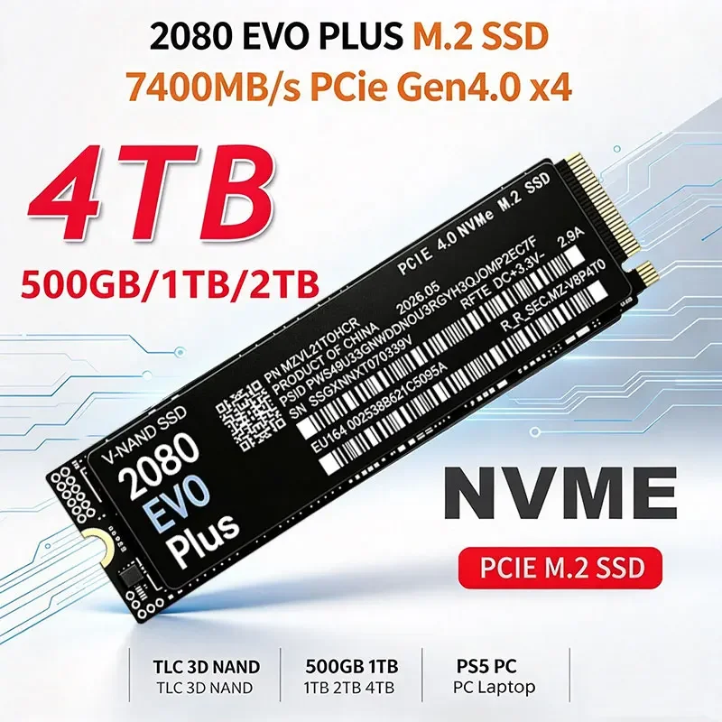 SSD interno M.2 NVMe de 7400 MB/s, modelo 2080 EVO Plus, PCIe Gen4.0 X4, tecnologia TLC 3D NAND, capacidades de 500 GB, 1 TB, 2 TB e 4 TB, formato 2280, unidade de armazenamento para jogos, compatível com PS5, PC e portátil.