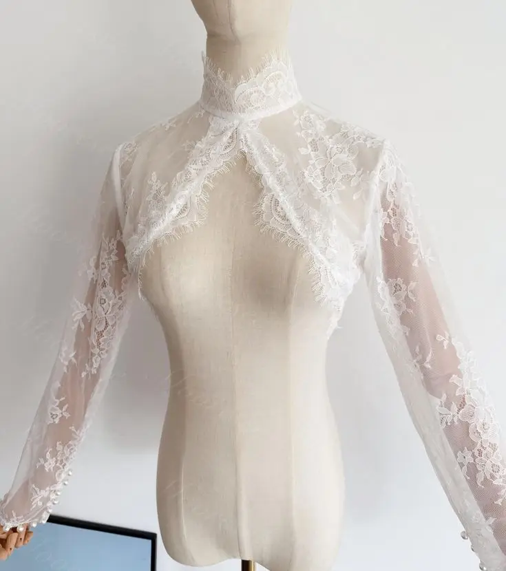 

Кружевные свадебные болеро с длинными рукавами, куртка невесты с высоким вырезом, официальная вечеринка, свадебные плечи, женские накидки, аксессуары