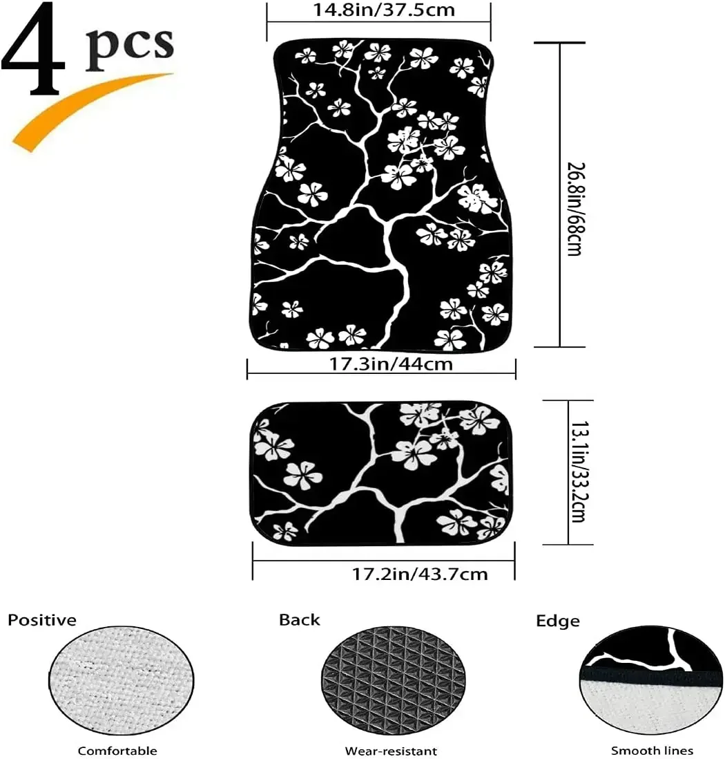 Car Floor Mats Cherry Blossoms Branches Pattern On Black Print Design Carpet Car SUV Truck Floor Mats 4 Pcs,Floor Mats