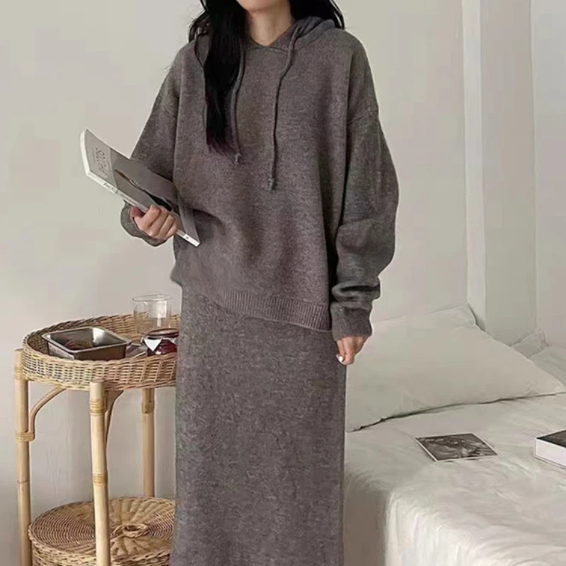 Autumn Winter Hooded Knitwear Loose Two Piece Outfits Sweate Women Korean Harajuku Style Casual Knitted Tops and Long Skirt Suit