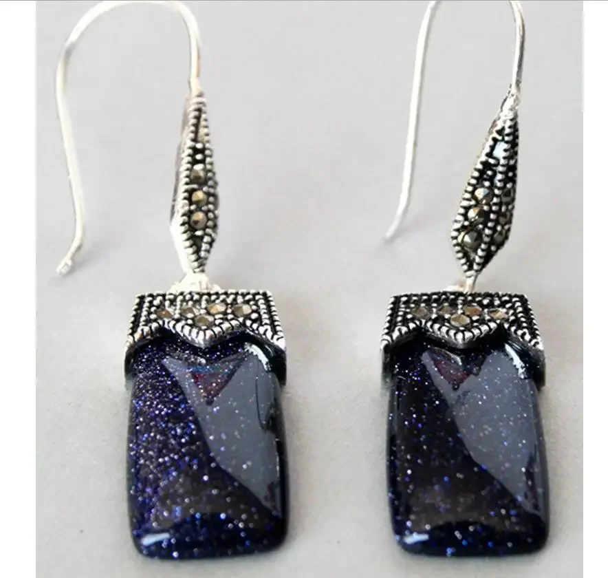 

модные украшения, серьги из серебра 925 пробы с синим песком и нефритом, 2 дюйма