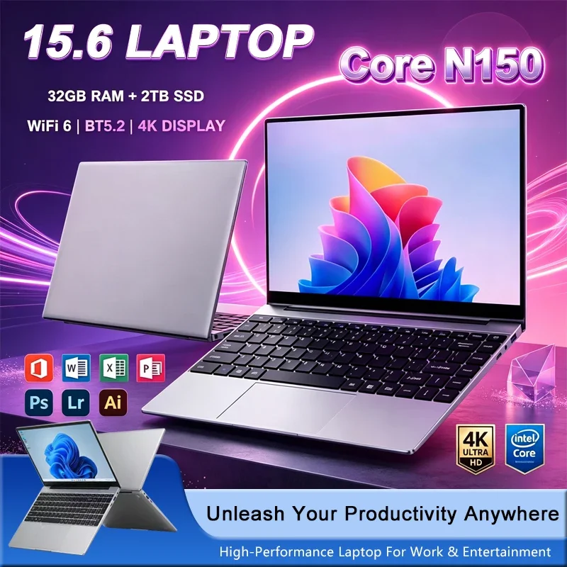 Computador portátil para jogos de 15,6 polegadas, modelo N150, com 16 GB de RAM, SSD de 1 TB ou 2 TB, PC para jogos, Windows 11 Pro, resolução de 1920x1080, portátil para uso no escritório e para estudo.