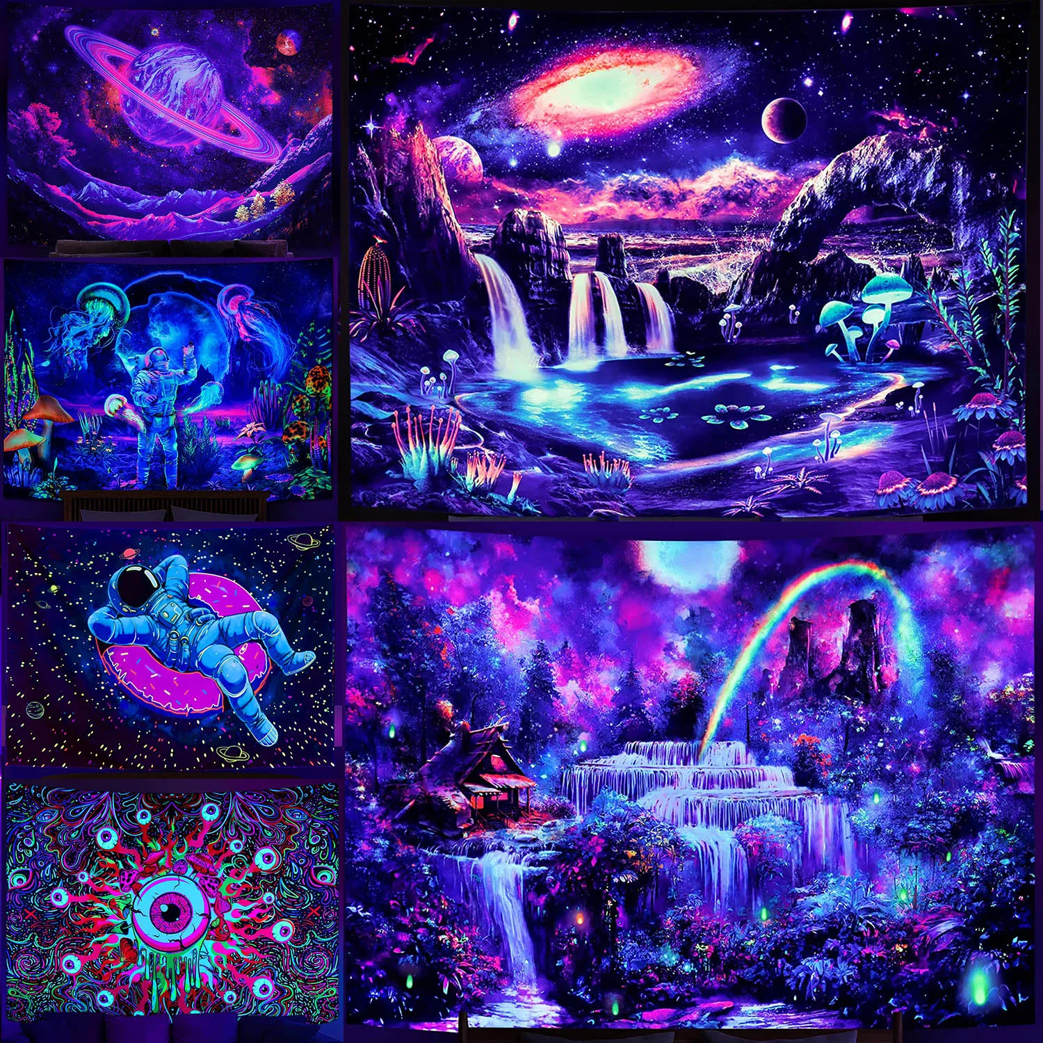 

Trippy Planet Tapestry UV Reactive Waterfall Landscape Room Decor Aesthetic Psychedelic Wall Hanging Mushroom Gothic Home Decor